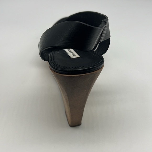 Diane Von Furstenberg - Black Leather Open Toe Wood Heeled Wedge Size 9.5 - Picture 13 of 15